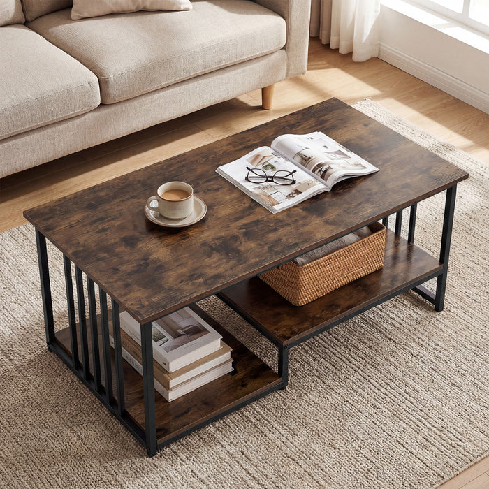 Coffee Table Rectangular Center Table with 2 Storage Shelves and Heavy-duty Metal Frame-Rustic Brown