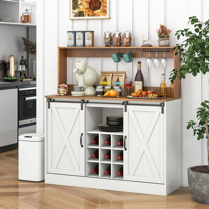 Coffee Bar Cabinet with Charging Station and Sliding Barn Doors-White