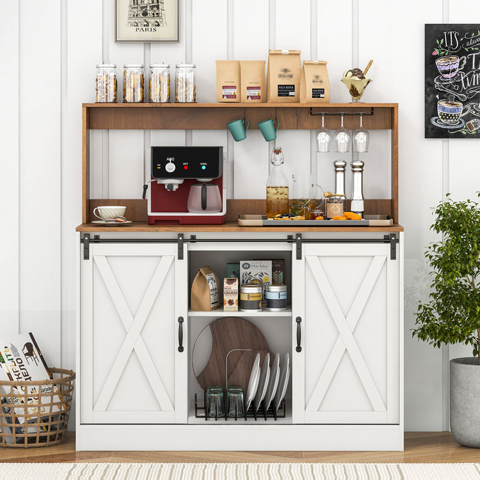 Coffee Bar Cabinet with Charging Station and Sliding Barn Doors-White