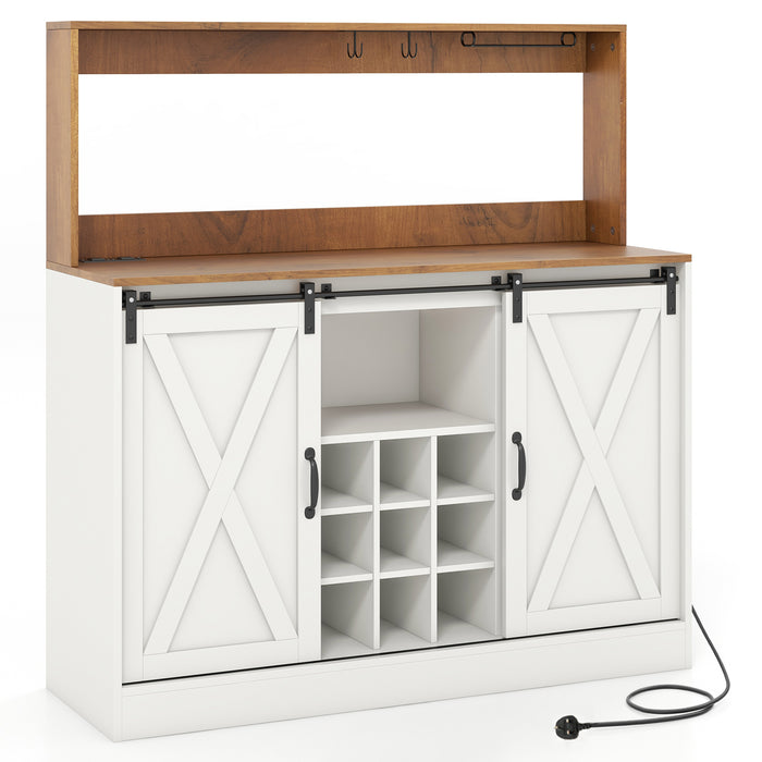 Coffee Bar Cabinet with Charging Station and Sliding Barn Doors-White