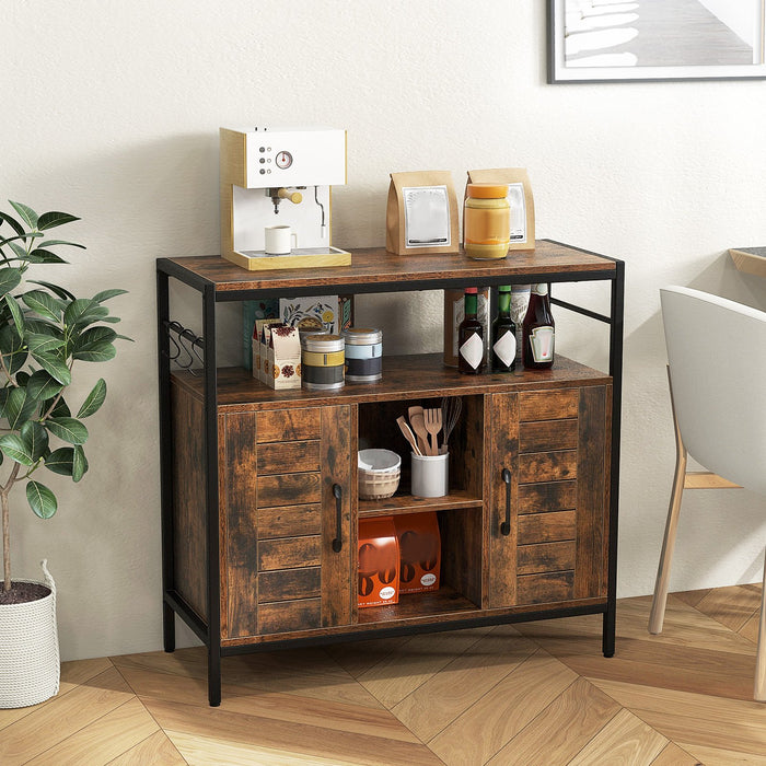 Buffet Coffee Bar Industrial Sideboard Cabinet with 2 Doors Open Compartments for Kitchen-Rustic Brown