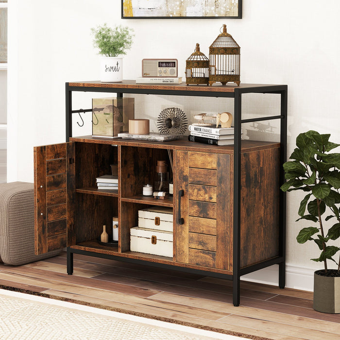 Buffet Coffee Bar Industrial Sideboard Cabinet with 2 Doors Open Compartments for Kitchen-Rustic Brown