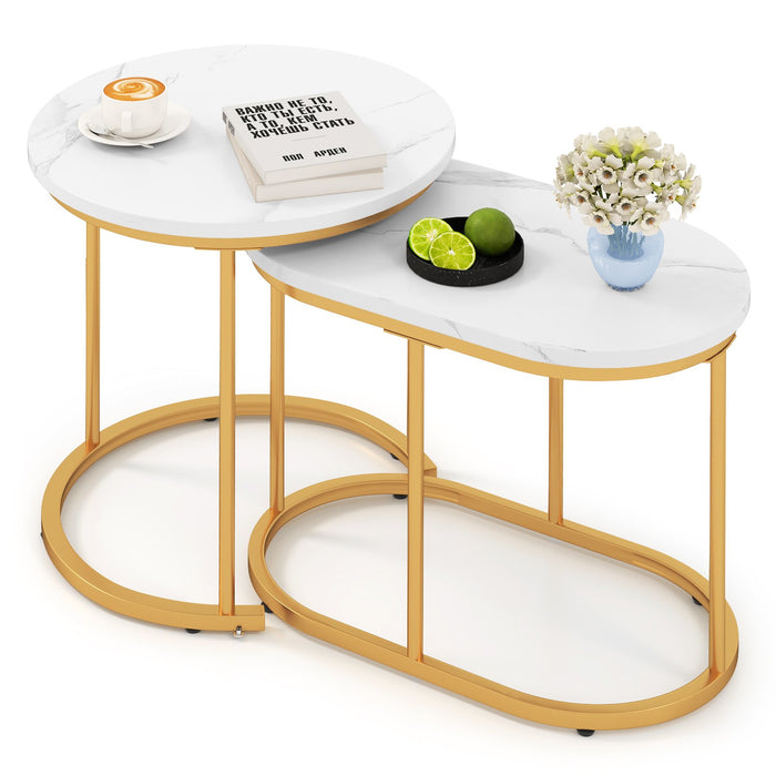 Coffee Table Set of 2 Modern Side Tables with  Faux Marble Top-