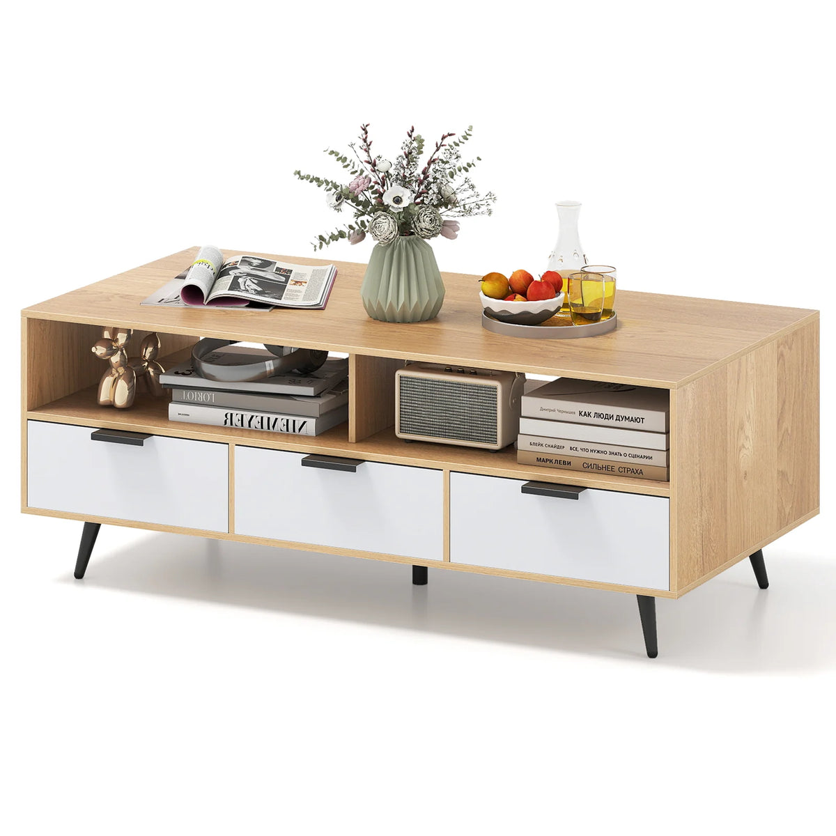 Coffee Table with Storage 47 Inch Center Table with 2 Open Compartments-
