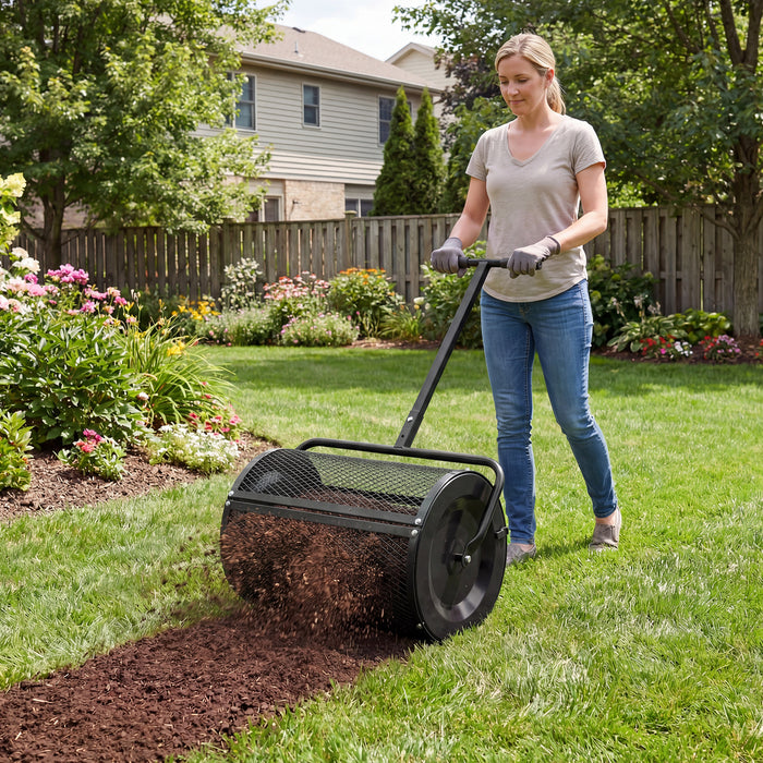 Compost Spreader 61cm Peat Moss Spreader Roller with Height-adjustable T-shape Handle-