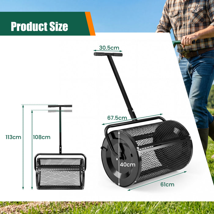 Compost Spreader 61cm Peat Moss Spreader Roller with Height-adjustable T-shape Handle-