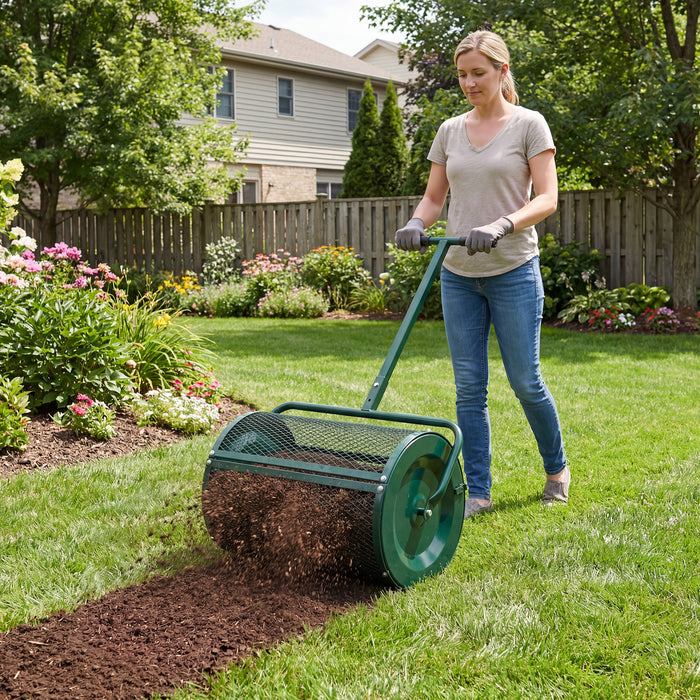 Compost Spreader 61cm Peat Moss Spreader Roller with Height-adjustable T-shape Handle-
