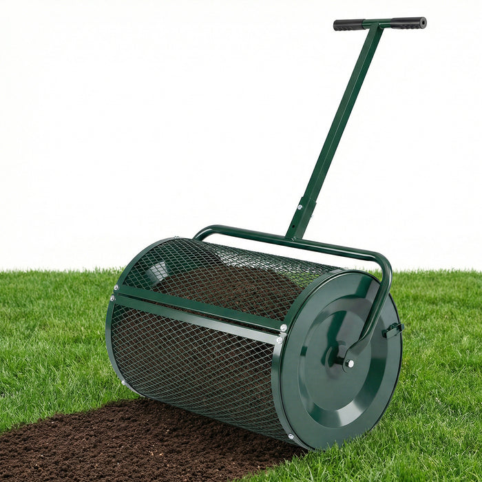 Compost Spreader 61cm Peat Moss Spreader Roller with Height-adjustable T-shape Handle-