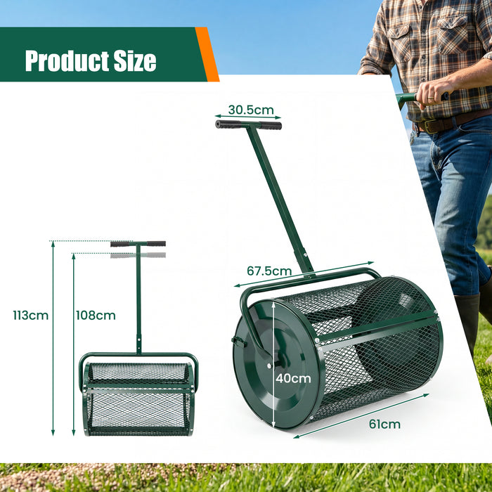 Compost Spreader 61cm Peat Moss Spreader Roller with Height-adjustable T-shape Handle-