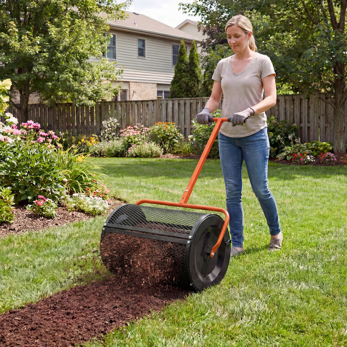 Compost Spreader 61cm Peat Moss Spreader Roller with Height-adjustable T-shape Handle-
