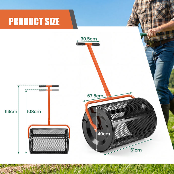 Compost Spreader 61cm Peat Moss Spreader Roller with Height-adjustable T-shape Handle-