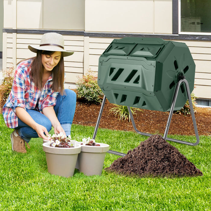 160L Compost Bin - Dual Chamber Composting Tumbler with Sliding Doors, Green design - Perfect Solution for Organic Waste Management