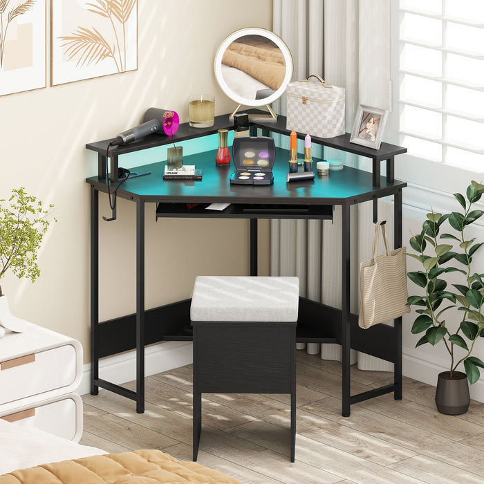 Computer Corner Desk with LED Charging Station and Monitor Stand-White