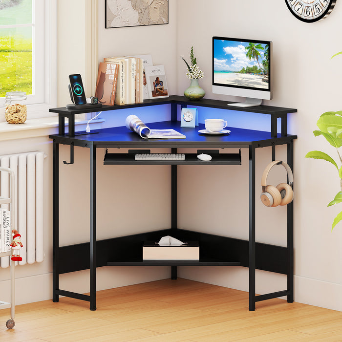 Computer Corner Desk with LED Charging Station and Monitor Stand-White