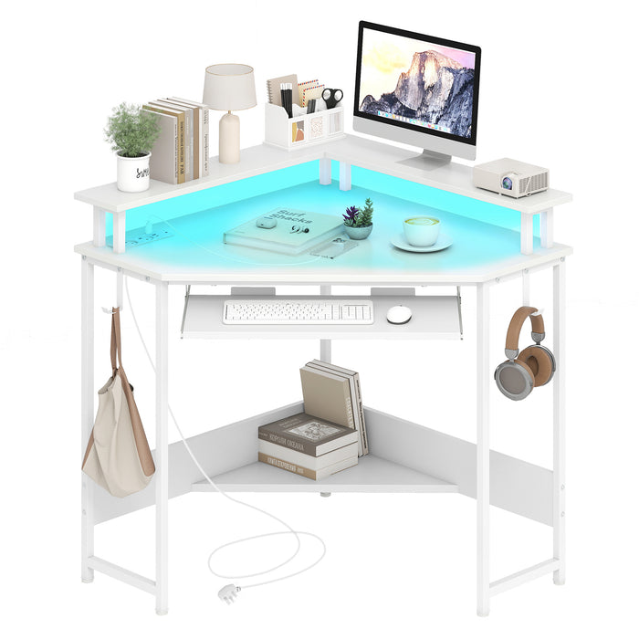 Computer Corner Desk with LED Charging Station and Monitor Stand-White