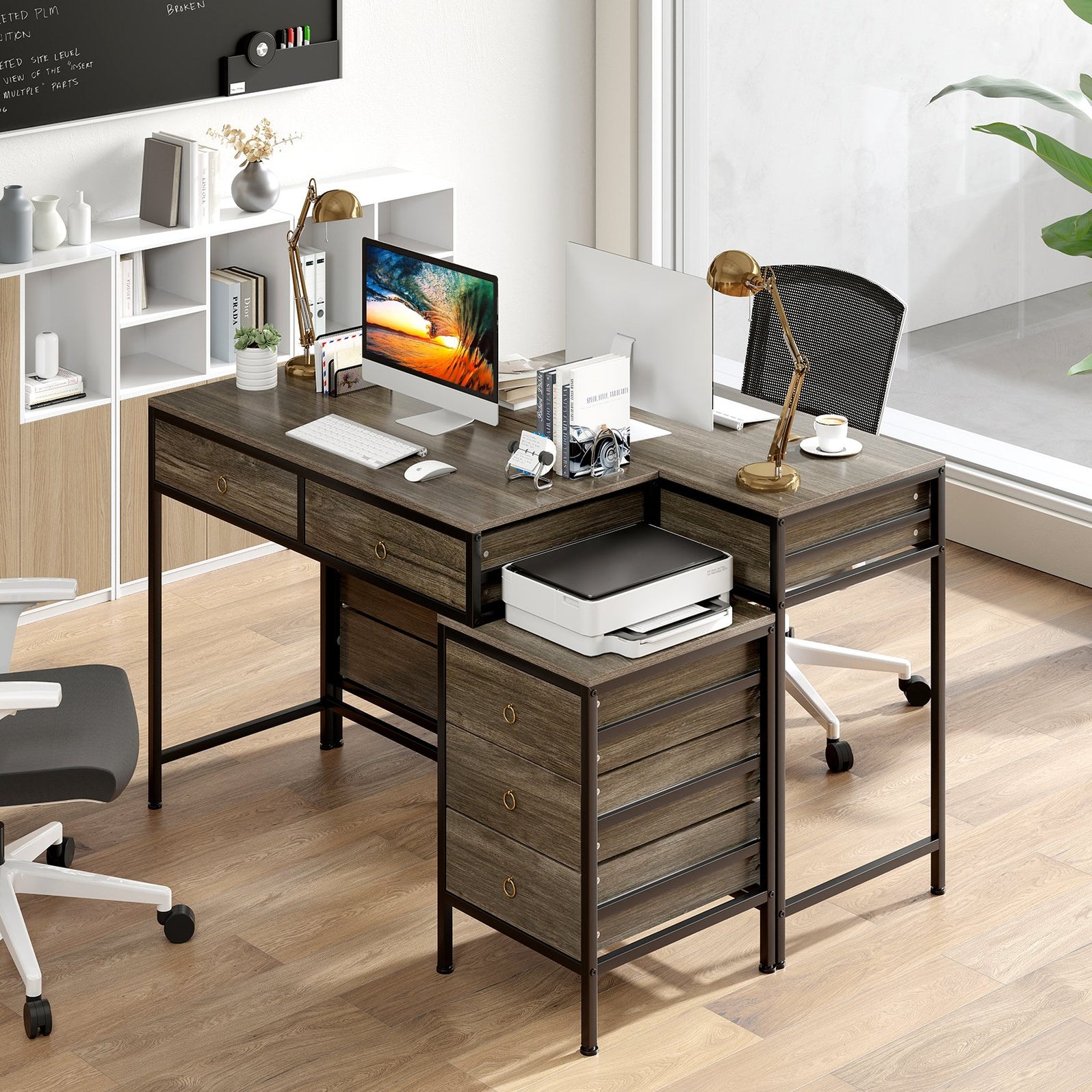 Computer Desk with 5 Drawers and Side File Cabinet- — Shopsta UK