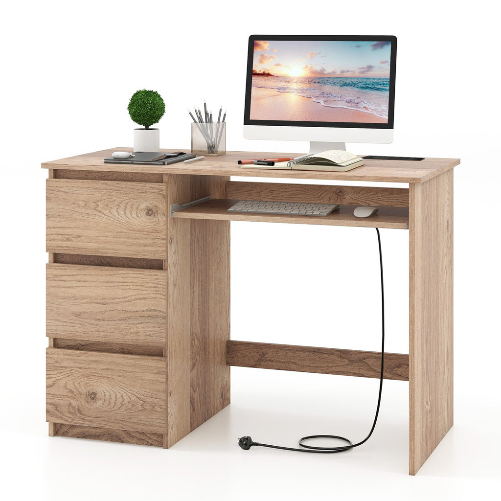 Computer Desk with Power Outlet and 3 Large Drawers-