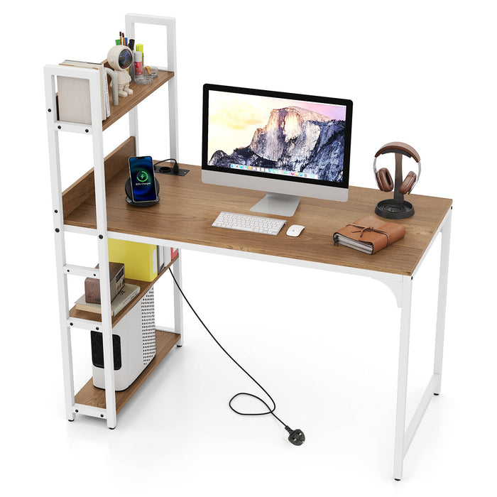 Computer Desk with Power Strip 120 CM Study Writing Desk with Bookshelf-