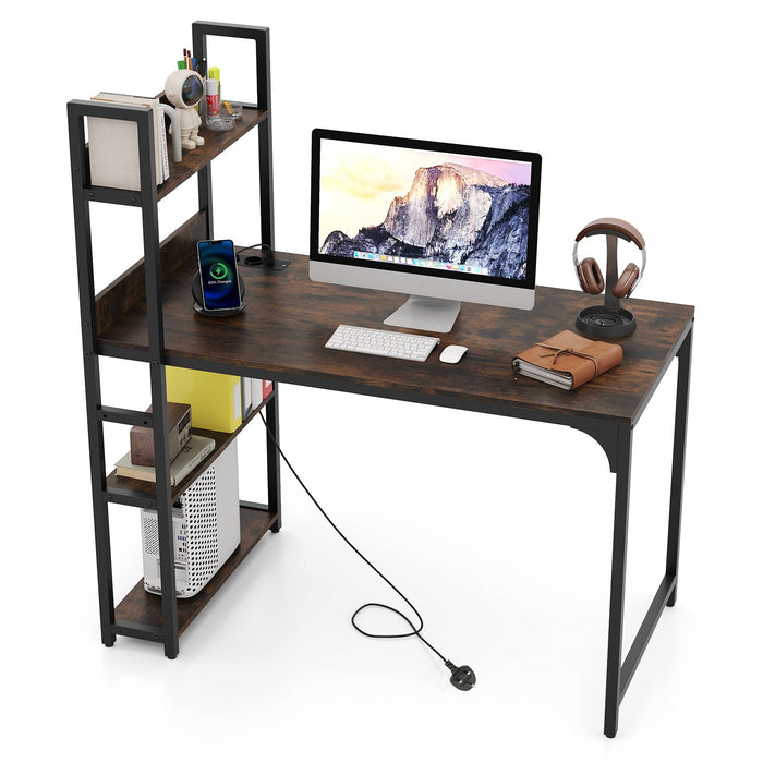 Computer Desk with Power Strip 120 CM Study Writing Desk with Bookshelf-
