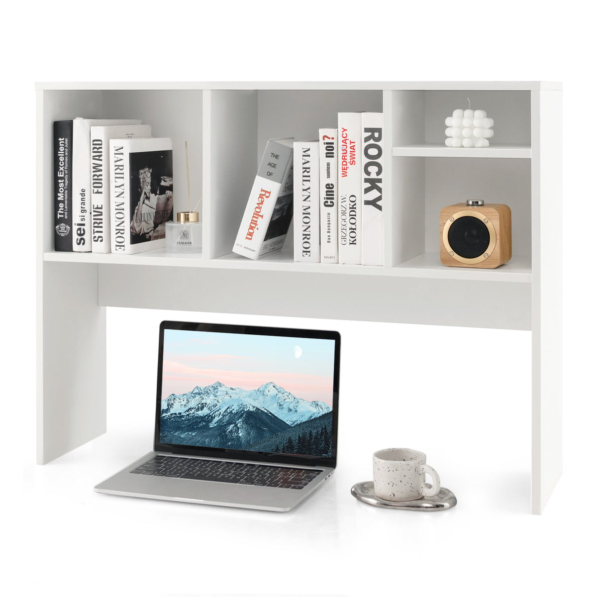 Computer Desktop Bookcase with 4 Cubbies and Open Back Compartment-