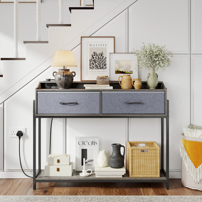 Console Table with Charging Station 110cm Entryway Table with 2 Drawers-