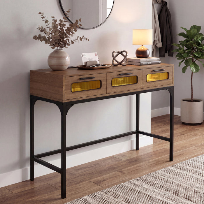 Console Table with Charging Station with Drawers and LED Lights-Grey