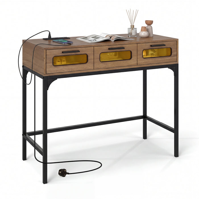 Console Table with Charging Station with Drawers and LED Lights-Grey