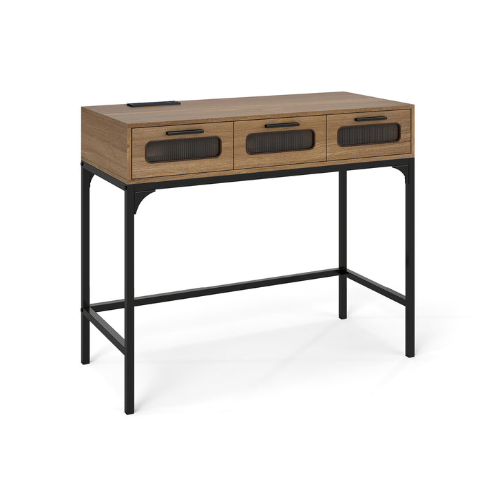 Console Table with Charging Station with Drawers and LED Lights-Grey