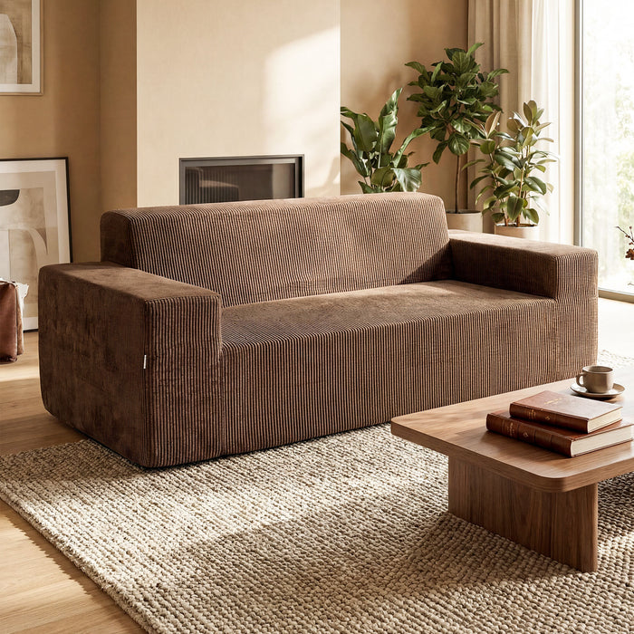 Corduroy 3-Seater Sofa No Assembly Needed with High Backrest & Wide Armrest-Brown