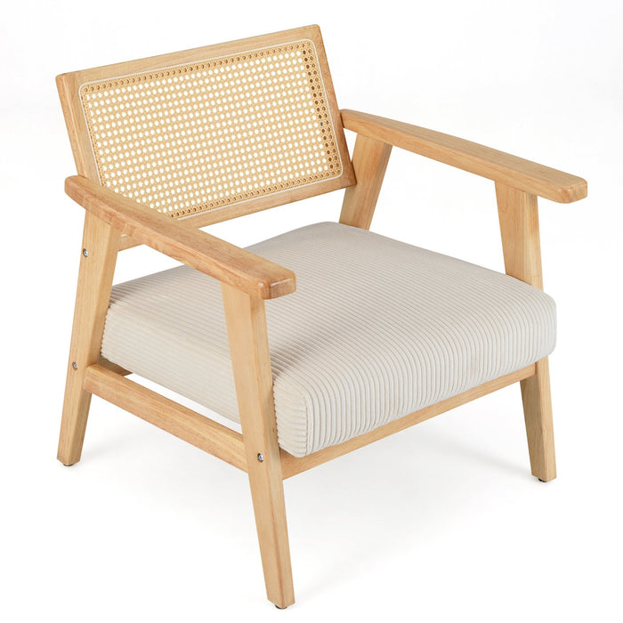 Corduroy Accent Chair with Upholstered Seat and Rattan Back-