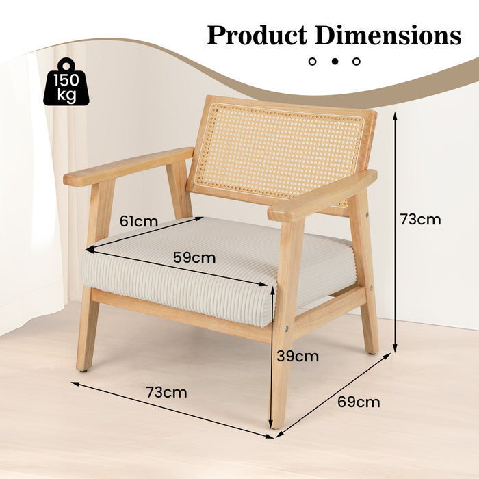 Corduroy Accent Chair with Upholstered Seat and Rattan Back-