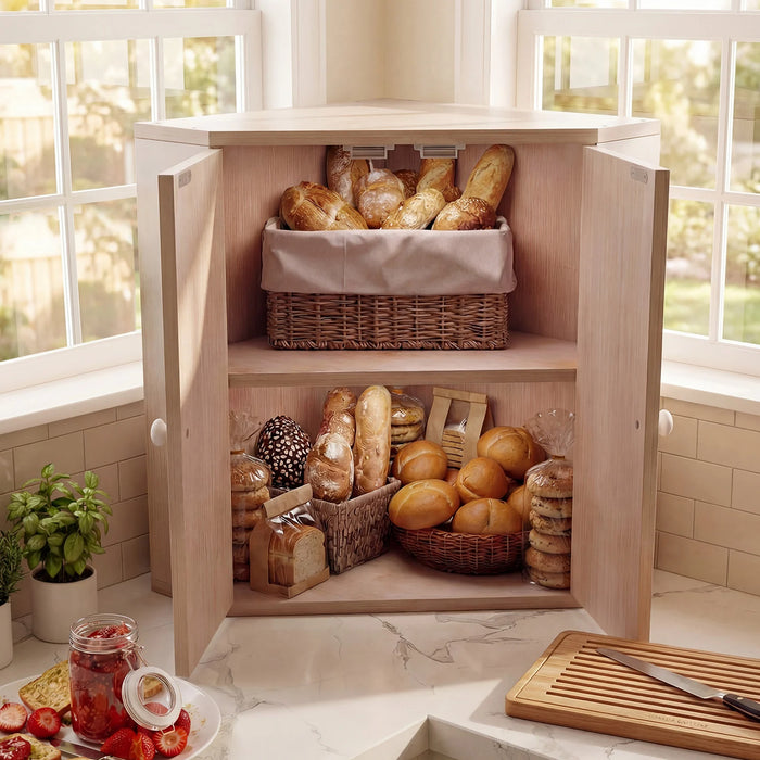 Corner Bread Box for Kitchen Counter Bamboo Double Layer Breadbox Organizer-
