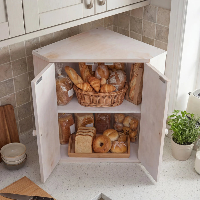 Corner Bread Box for Kitchen Counter Bamboo Double Layer Breadbox Organizer-