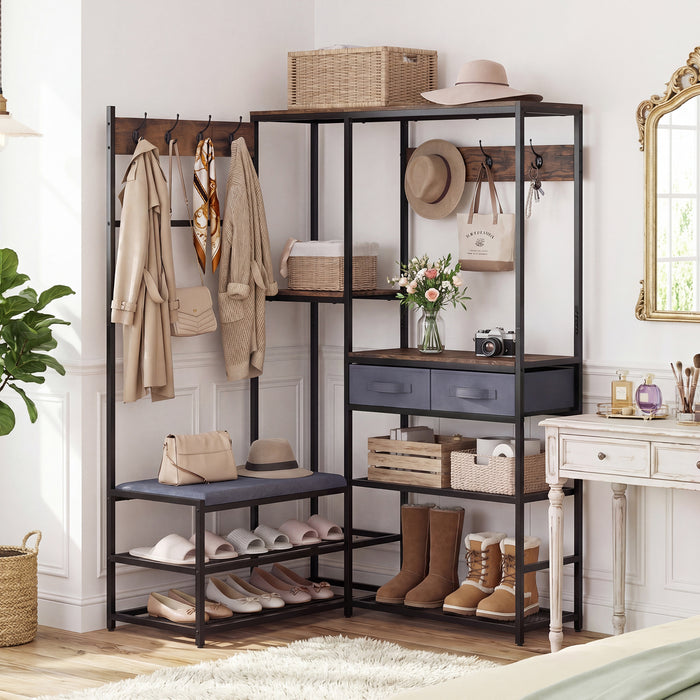 Corner Coat Rack with Shoe Bench and Shelves for Entryway-