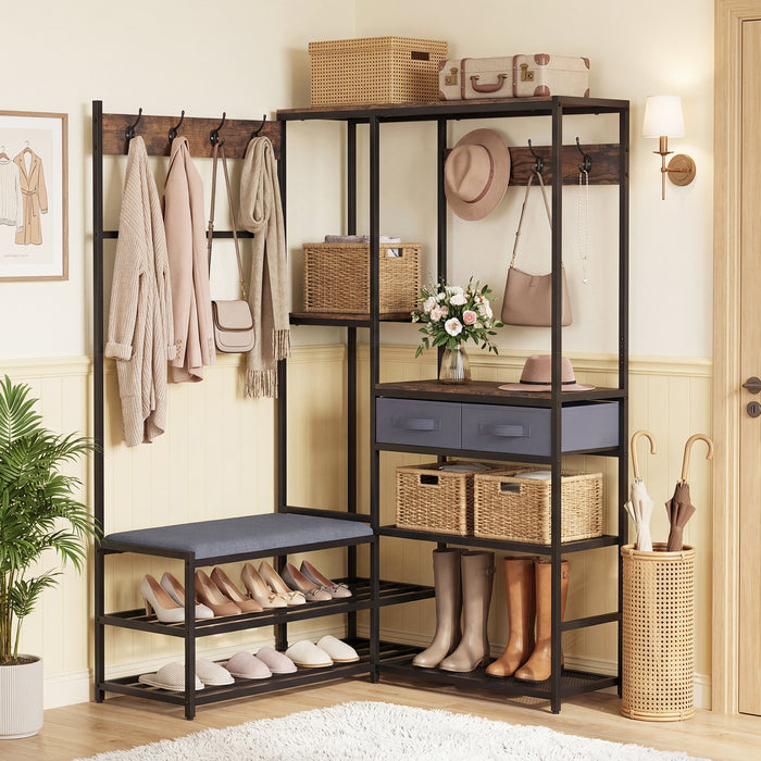 Corner Coat Rack with Shoe Bench and Shelves for Entryway-