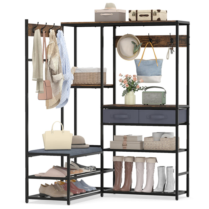 Corner Coat Rack with Shoe Bench and Shelves for Entryway-