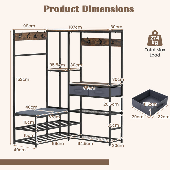 Corner Coat Rack with Shoe Bench and Shelves for Entryway-