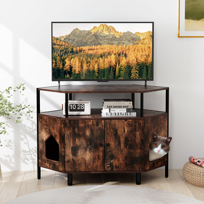 Corner Cat Litter Box Enclosure with Open Shelf-