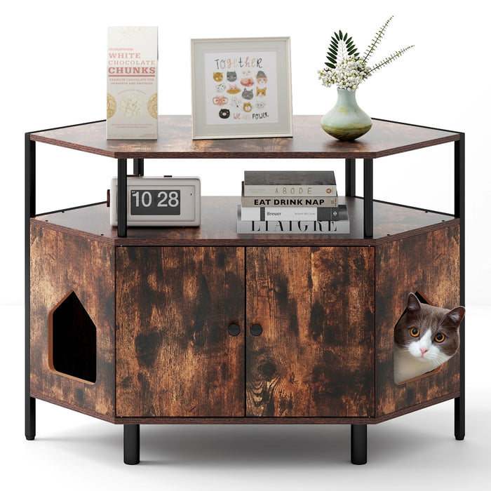 Corner Cat Litter Box Enclosure with Open Shelf-