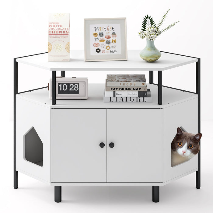 Corner Cat Litter Box Enclosure with Open Shelf-