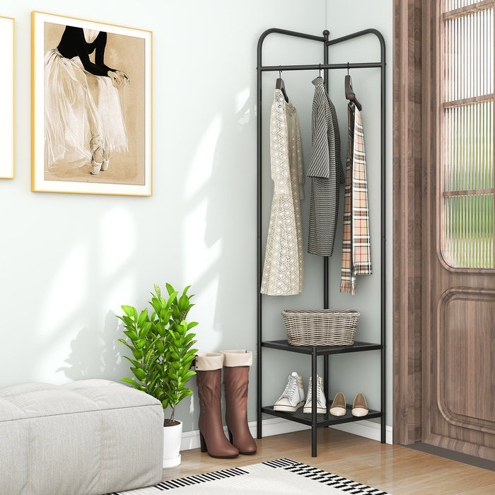 Corner Coat Rack with Shelves and Top Hanger-