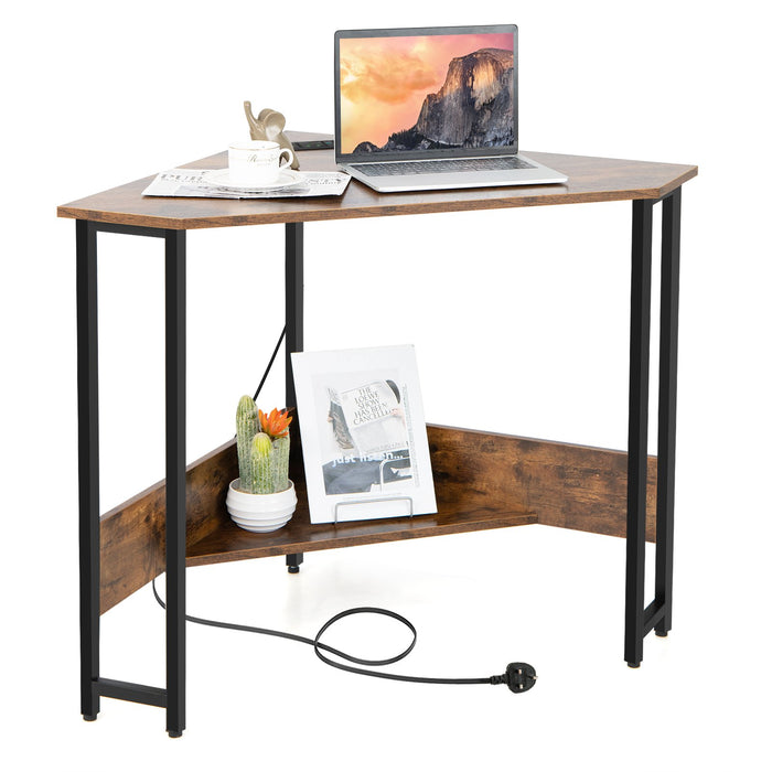 Corner Desk 90-degree Triangle Computer Desk with Power Outlet-