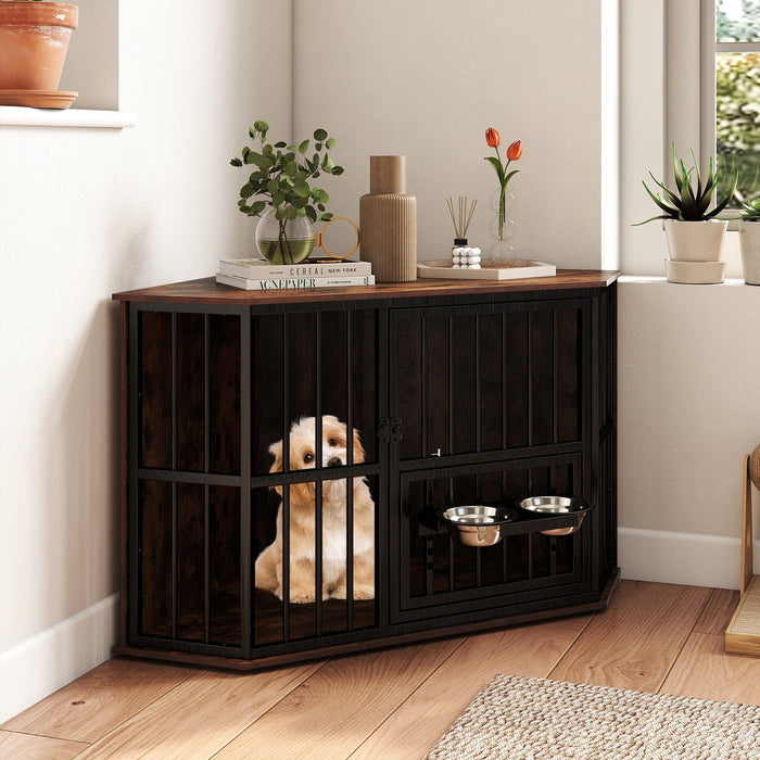 Corner Dog Crate Space Saving Dog Cage With Adjustable Feeder Photo Inspiration