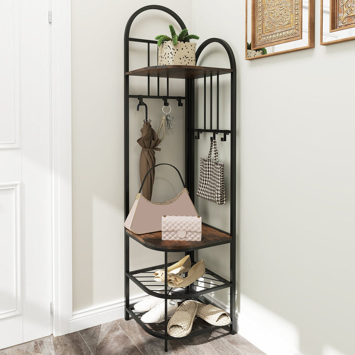 Corner Hall Tree 4-Tier Coat Rack with Storage Bench and Hooks-Natural