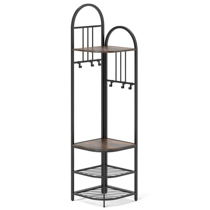 Corner Hall Tree 4-Tier Coat Rack with Storage Bench and Hooks-Natural