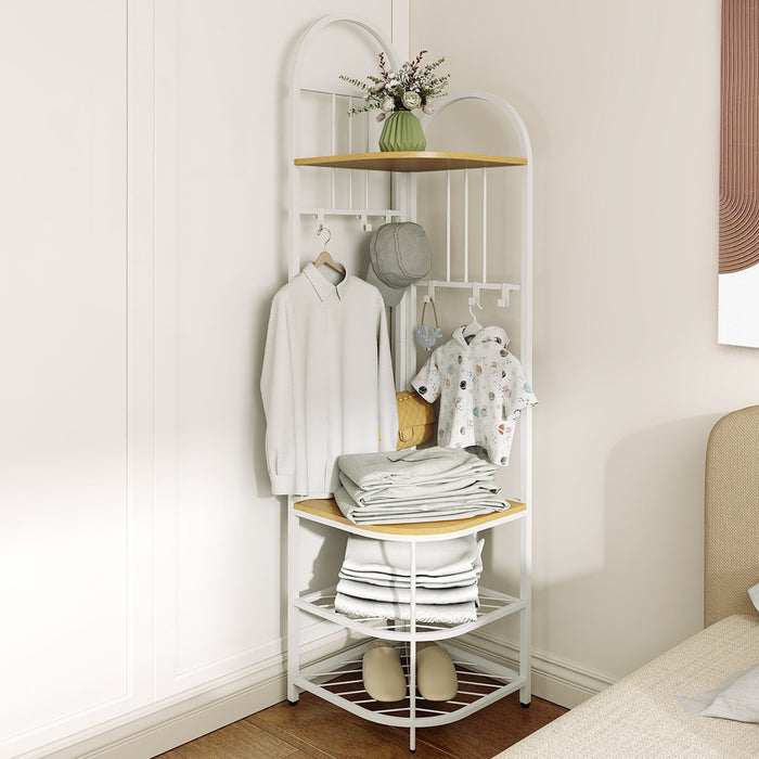 Corner Hall Tree 4-Tier Coat Rack with Storage Bench and Hooks-Natural