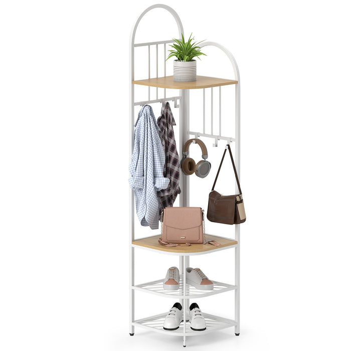 Corner Hall Tree 4-Tier Coat Rack with Storage Bench and Hooks-Natural