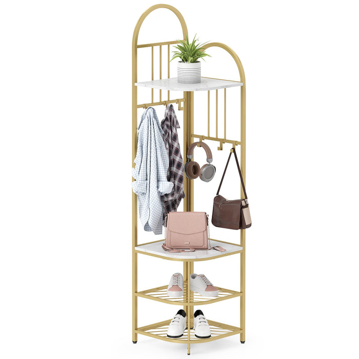 Corner Hall Tree 4-Tier Coat Rack with Storage Bench and Hooks-Natural