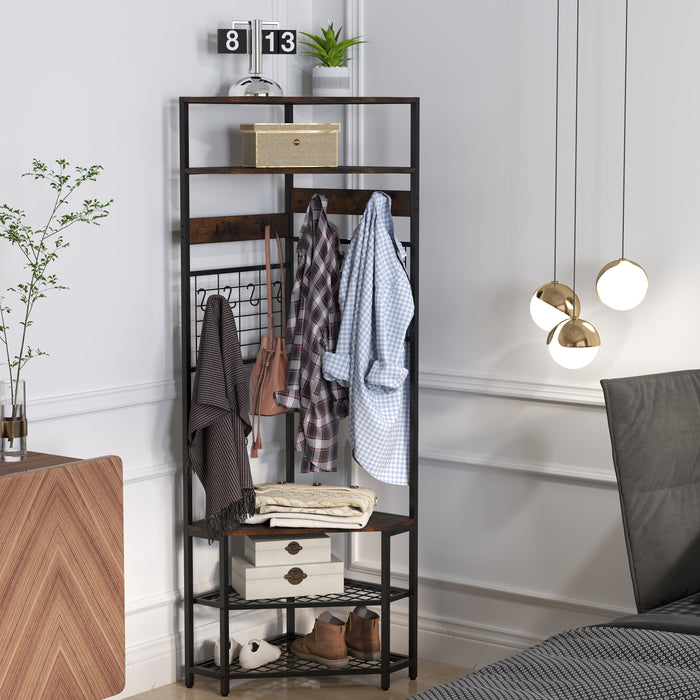 Corner Hall Tree 5-Tier Coat Rack with Shoe Storage Bench-Rustic Brown