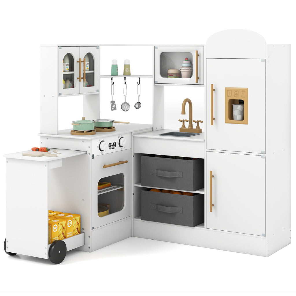 Corner Kitchen Playset Kids Pretend Play Kitchen with Pull-out Cart Fabric Bins-